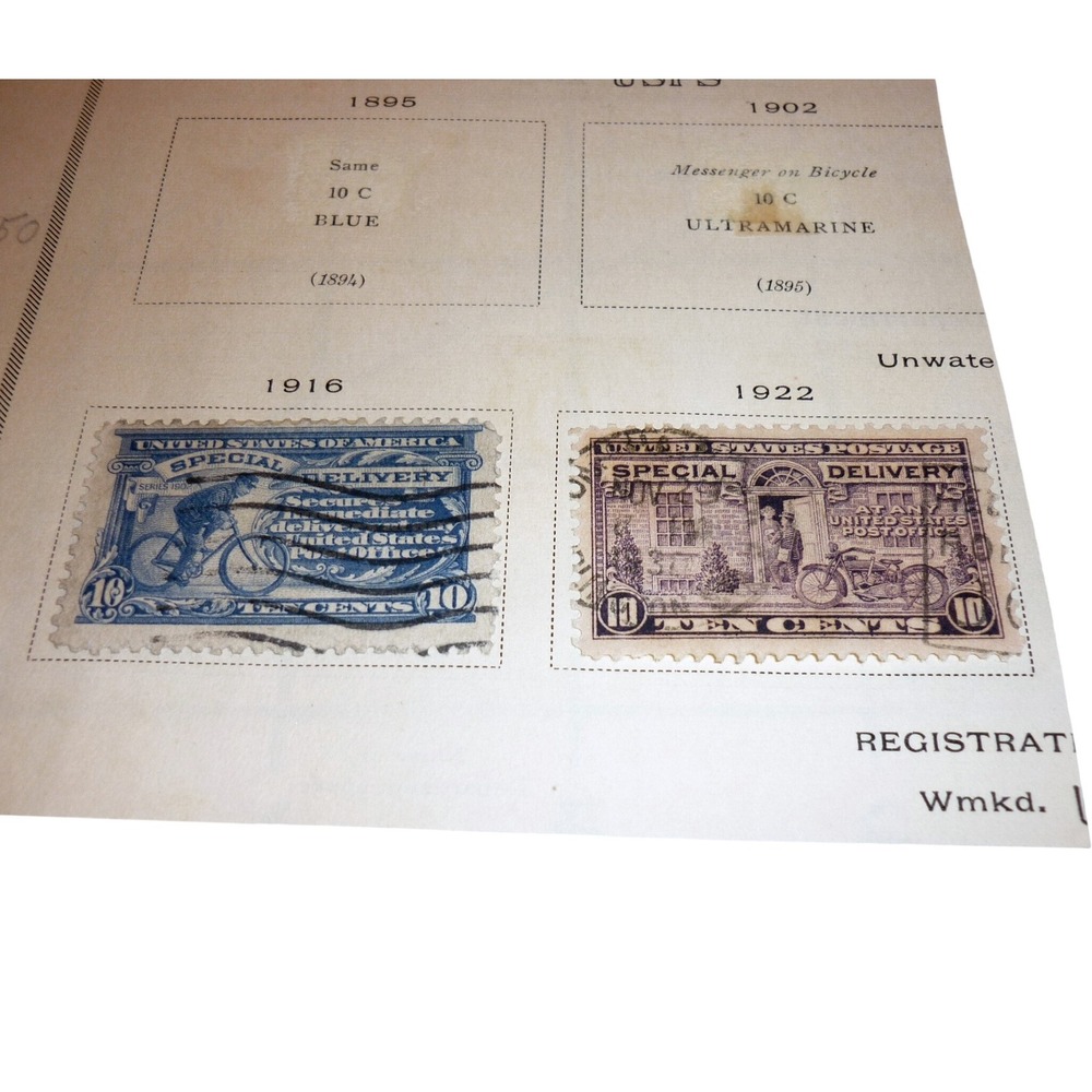US Special Delivery Stamps 1916 10c Blue Bicycle 1922 10c Violet Motorcycle Used